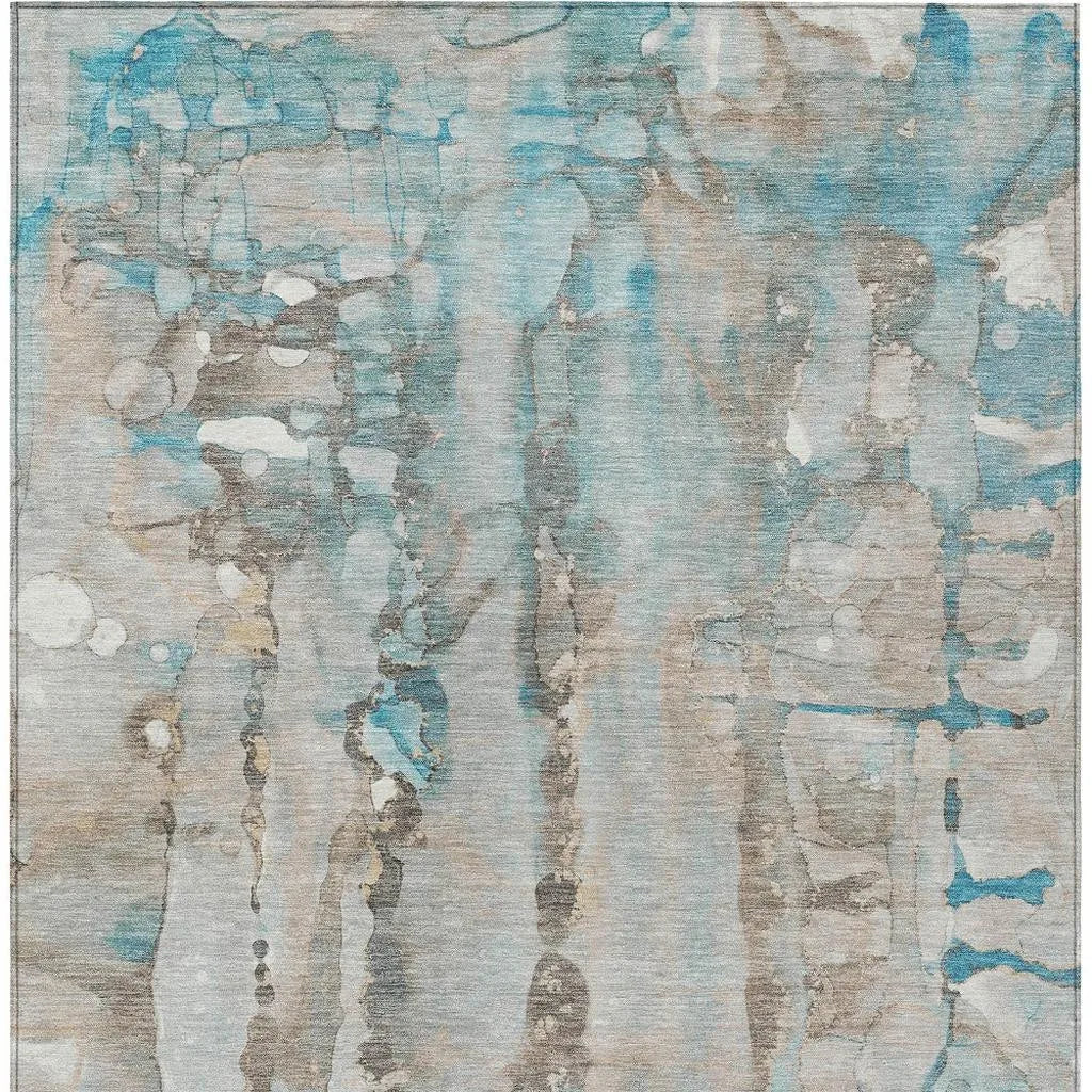 HMS 8' X 10' Teal Blue and Ivory Abstract Indoor Outdoor Area Rug Washable Set