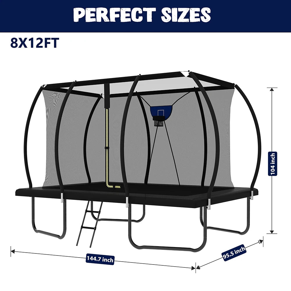 Zoshine 8x12FT Backyard Rectangle Jumping Trampoline Outdoor Garden Trampoline with Full Safety Enclosure