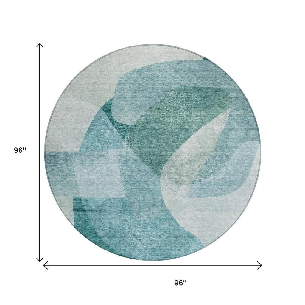 HMS 8' Teal Blue and Ivory Round Abstract Indoor/Outdoor Area Rug Washable Outdoor Carpets