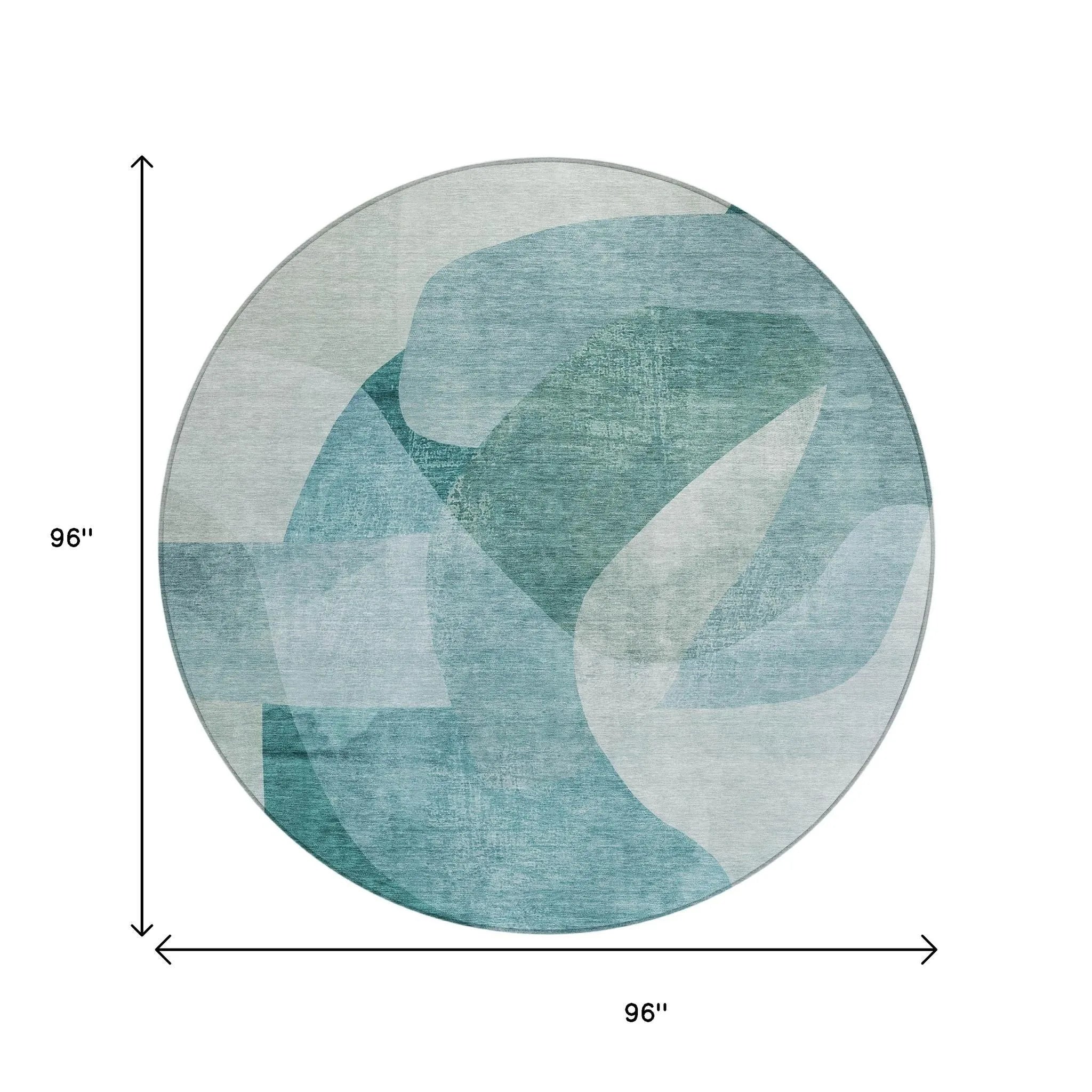 HMS 8' Teal Blue and Ivory Round Abstract Indoor/Outdoor Area Rug Washable Outdoor Carpets