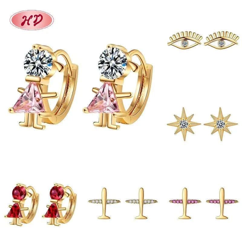Hengdian 18K Gold-Plated a Set of Six Earrings Geometry Huggie Earrings Set Trendy Zircon Women's Jewelry Brass Anniversary 1MOQ