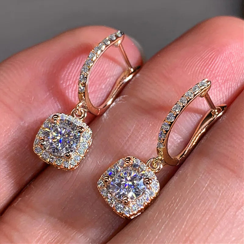 E1810 Rose Gold Hoop Earrings With Diamond Square Pendant Claw Setting Luxury Women's Wedding Fine Jewelry
