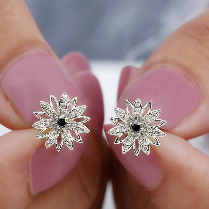 E4033 White Gold Flower Stud Earrings With Round Zircon Prong Setting For Women Classic Fashion Jewelry