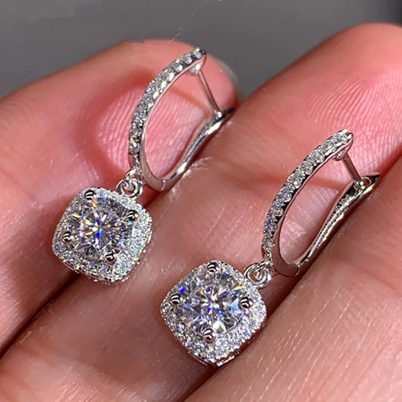E1810 Rose Gold Hoop Earrings With Diamond Square Pendant Claw Setting Luxury Women's Wedding Fine Jewelry