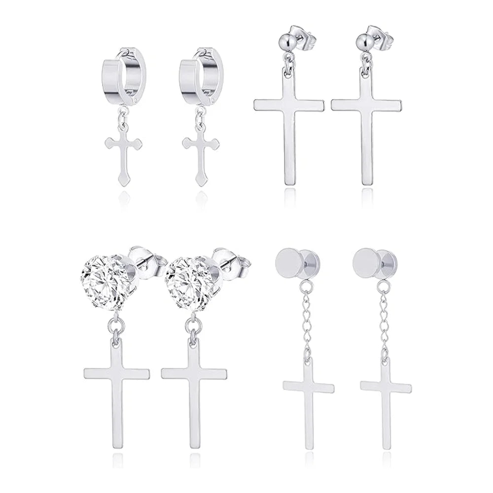 4 Pairs Silver Stainless Steel Zirconia Cross Piercing Ear Studs Men Trendy Punk Hip Hop Casual Jewelry Accessories