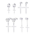 4 Pairs Silver Stainless Steel Zirconia Cross Piercing Ear Studs Men Trendy Punk Hip Hop Casual Jewelry Accessories