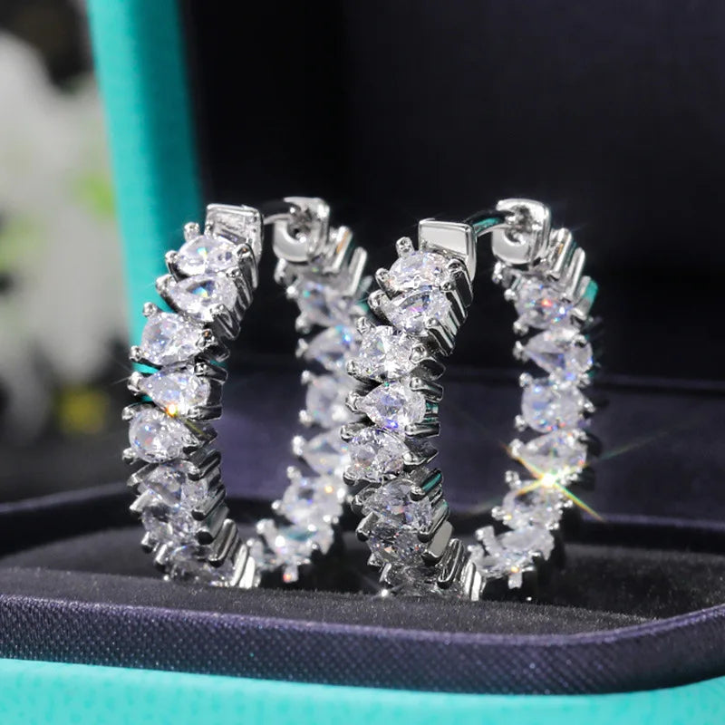 E793 Teardrop White Gold Diamond Drop Earrings Baguette Cut Channel Setting Luxury Women's Wedding Fine Jewelry