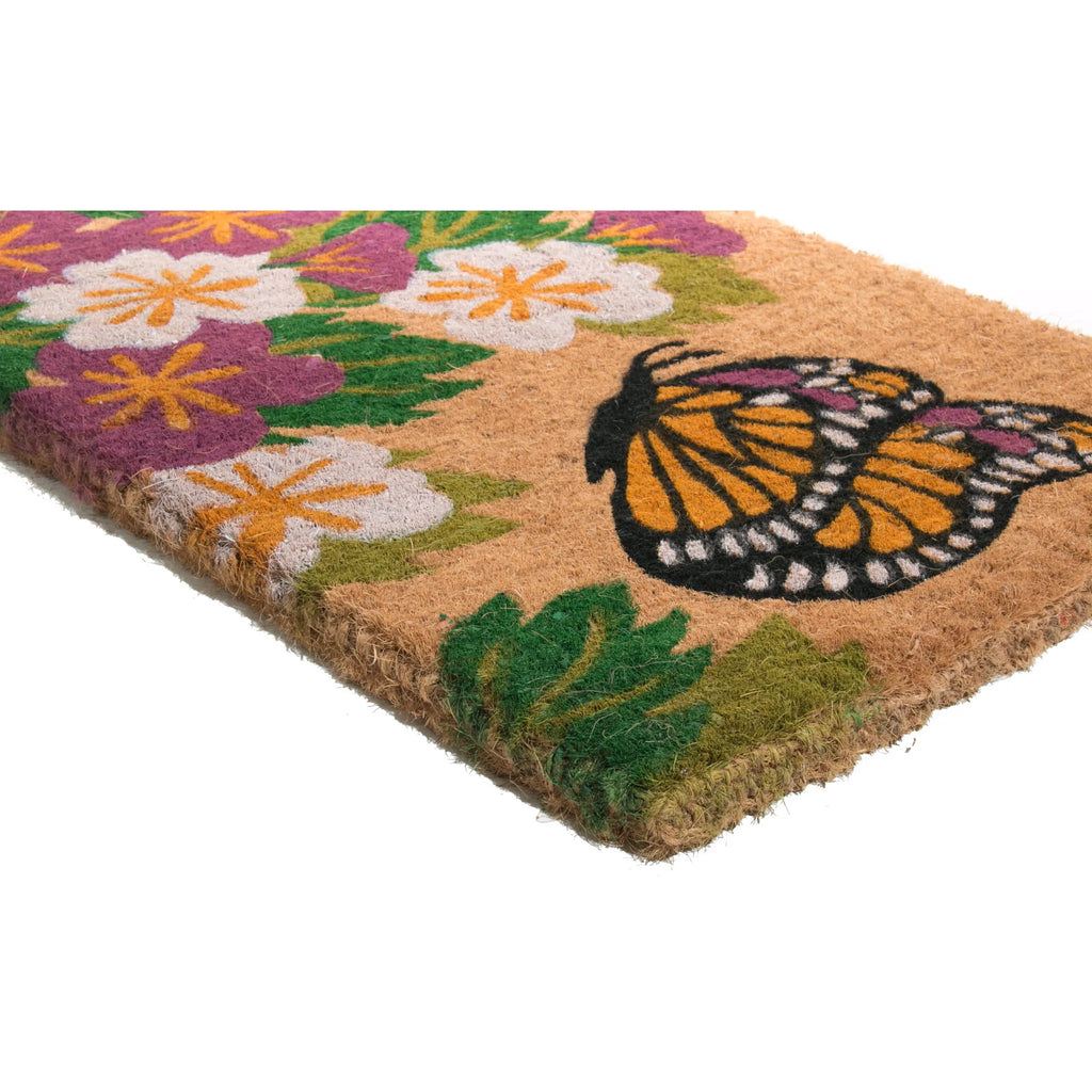HMS 18\" X 30\" Brown and White Coir Floral Outdoor Door Mat