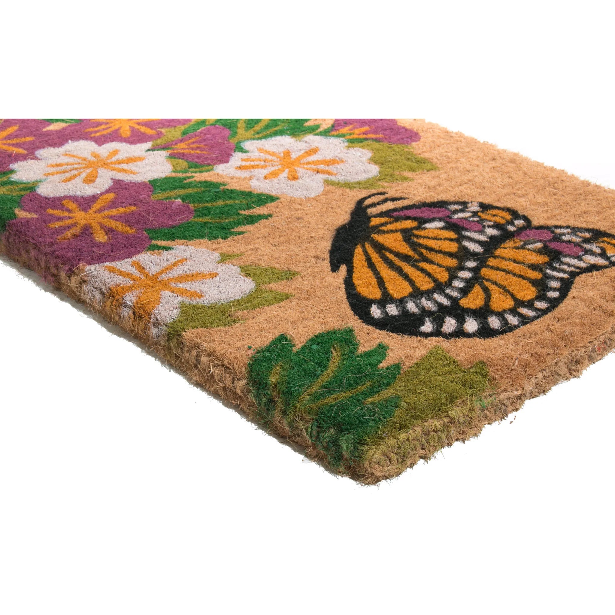 HMS 18\" X 30\" Brown and White Coir Floral Outdoor Door Mat