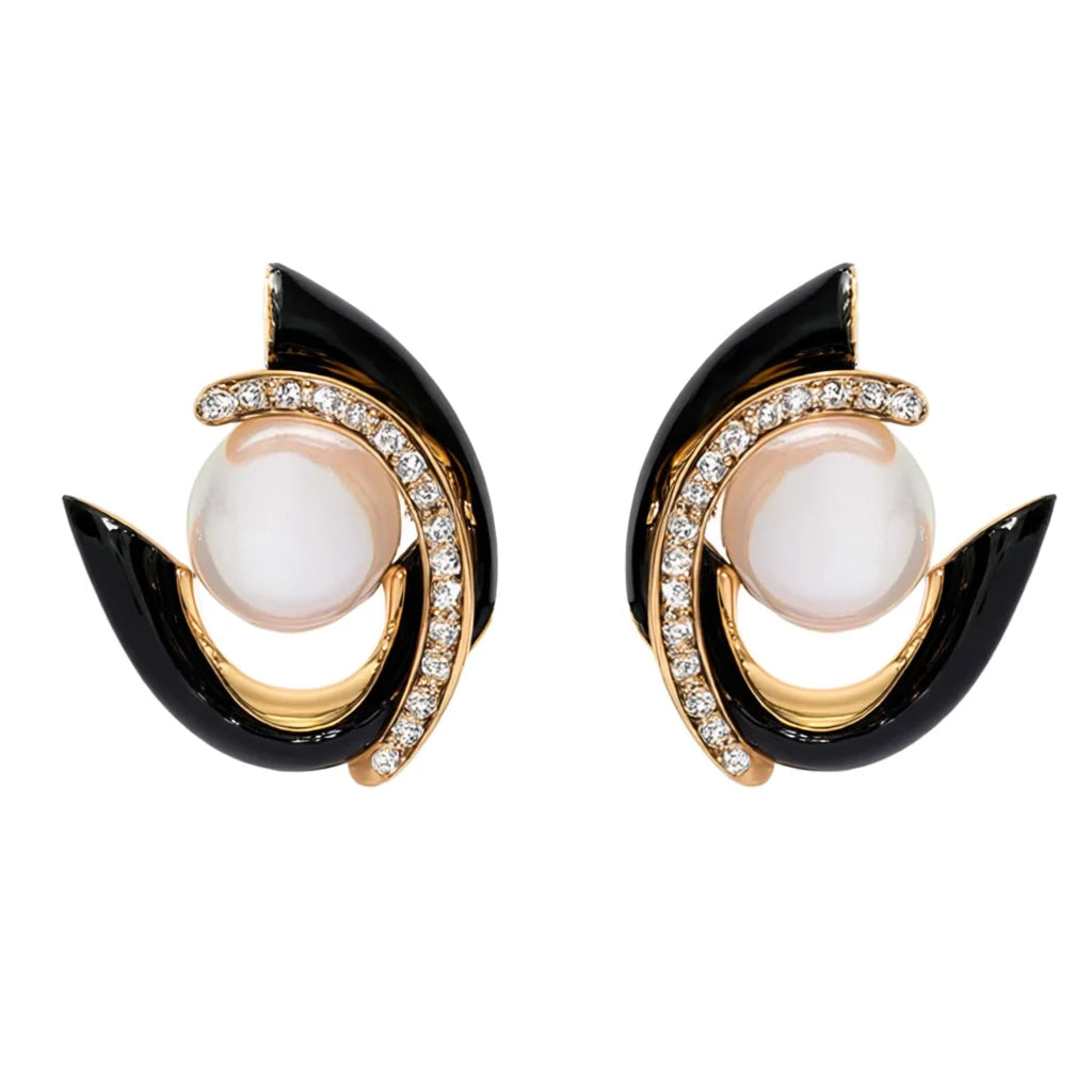 E3653 Modern Geometric Earrings Black Gold Imitation Pearl Studs Party Women's Jewelry