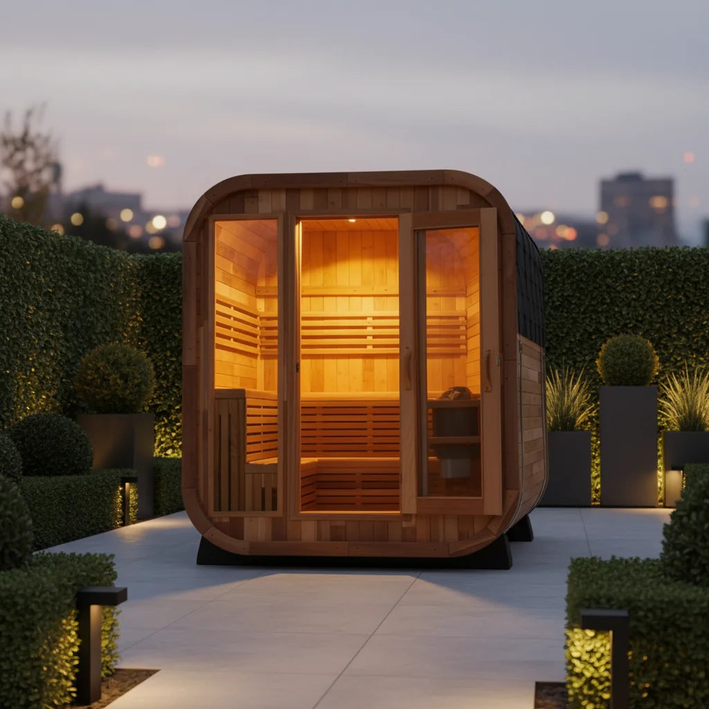 High-quality Canadian Red Cedar 2M Electric Stove Dry Steam Outdoor Rainproof Cube Sauna for Villa Garden Spa Ready delivery