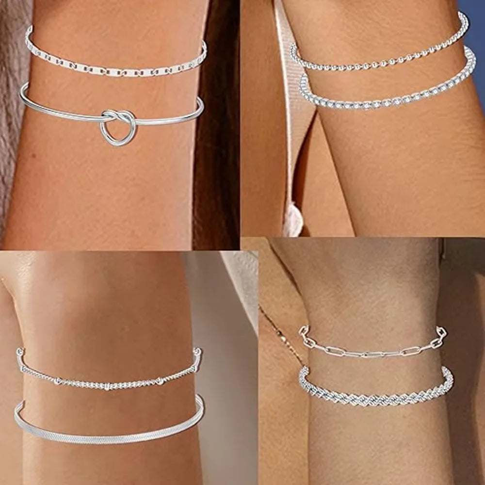 ZF 8-Piece Stainless Steel Silver Chain Link Bracelet Bangle Set Versatile Elegant Daily Jewelry Accessories