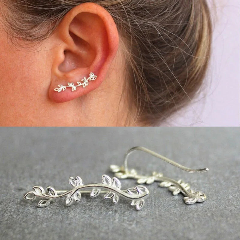 Classic 925 Silver Plant Design Cuff Earrings For Women White Gold Color Everyday Wear Jewelry