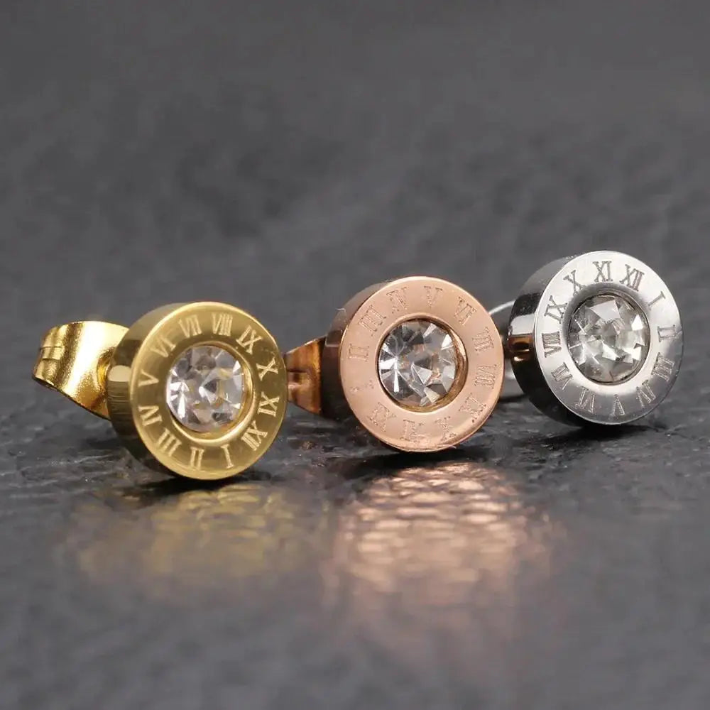Showfay  Luxury Hypoallergenic  Stainless Steel Zircon Roman Numerals Stud Earrings for Women Man Jewelry
