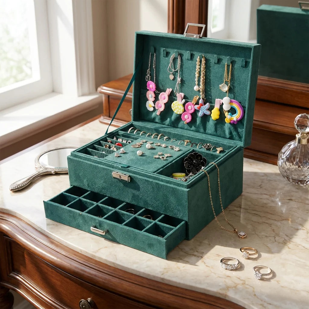 LG7240 Luxurious Rectangle Travel Jewelry Box Mirrored Watch Organizer Necklace Ring Earring Storage Lockable Modern Gift Case