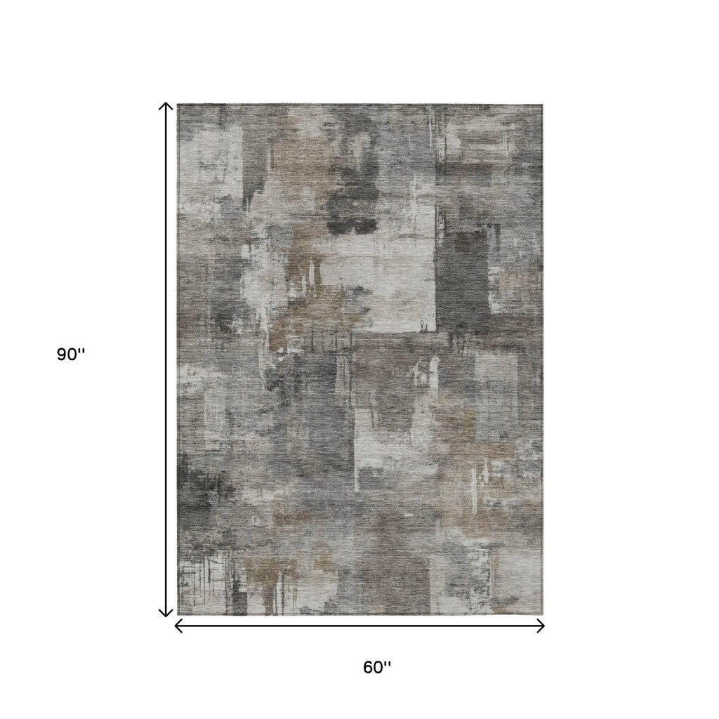 HMS 5' X 8' Abstract Washable Indoor Outdoor Area Rug in Pewter Khaki and Charcoal