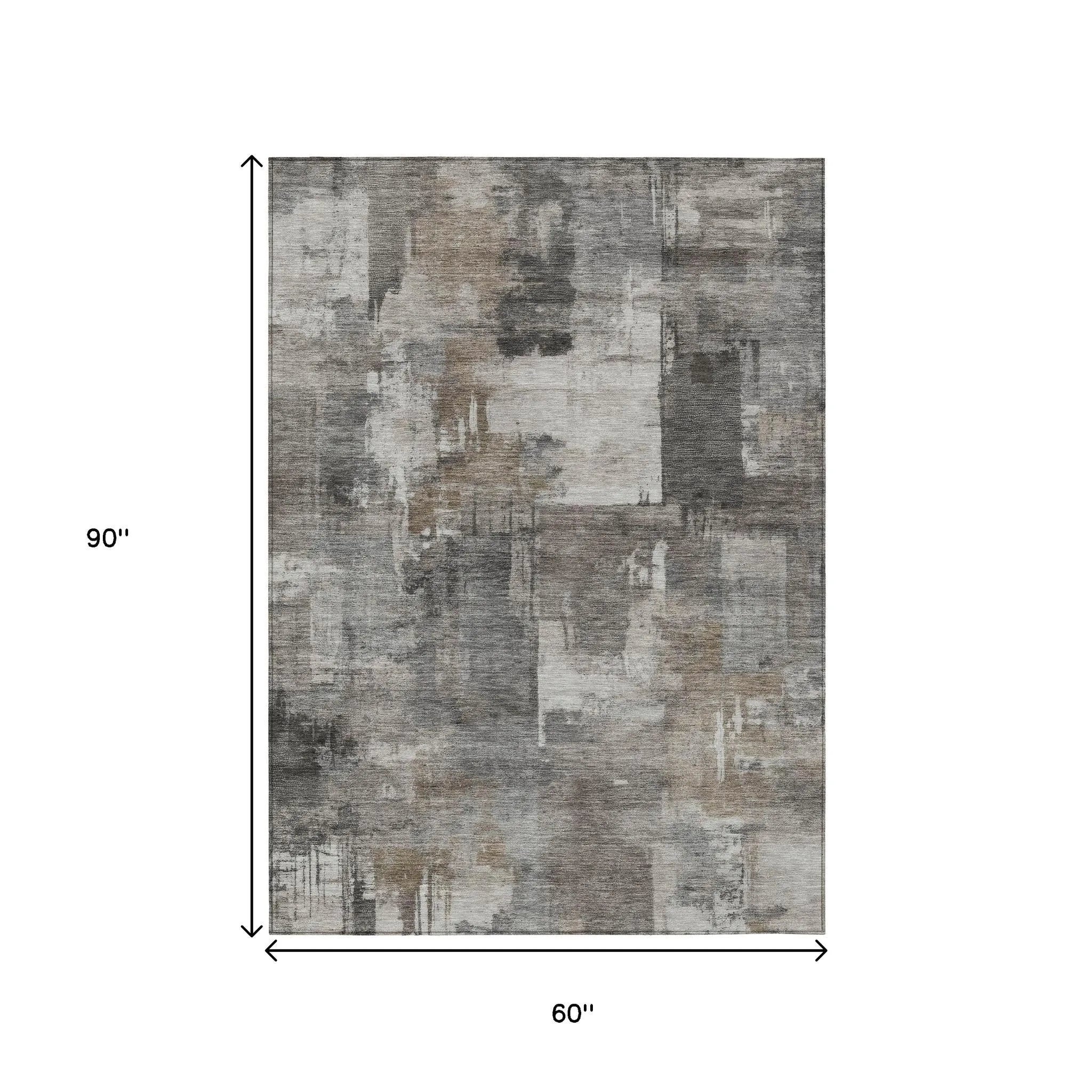 HMS 5' X 8' Abstract Washable Indoor Outdoor Area Rug in Pewter Khaki and Charcoal