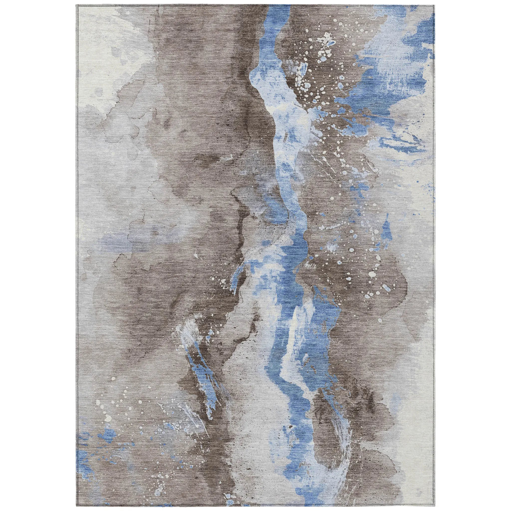 HMS 3' X 5' Abstract Indigo Indoor/Outdoor Area Rug Washable with Graphite and Gold Accents