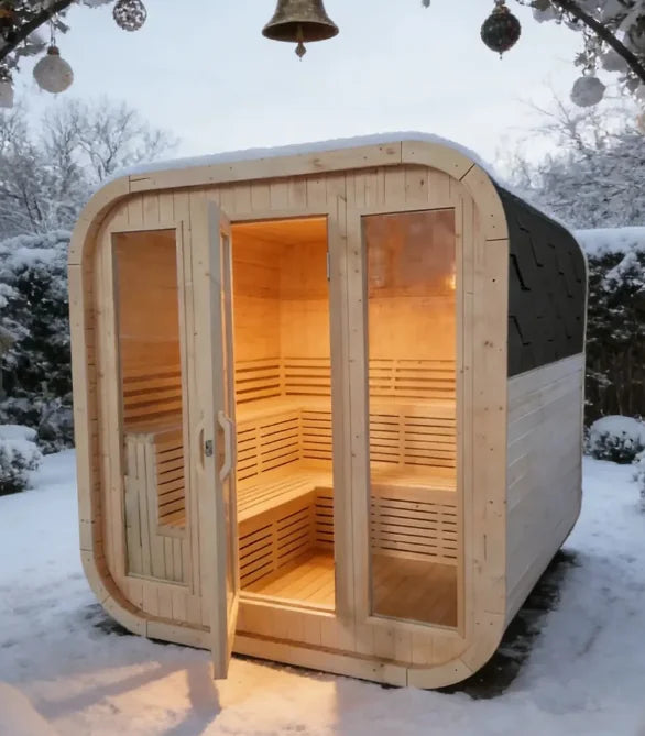 US Warehouse 4-6 Person Outdoor Square Traditional White Pine Steam Sauna with Tempered Glass & Weatherproof Roof