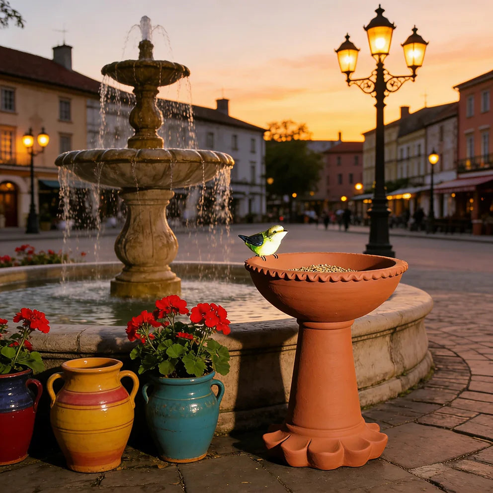 Terracotta-Effect Resin Bird Bath with Mini Bird Accent - Ruffled Edge Design, Charming Farmhouse-Style Outdoor Feeder