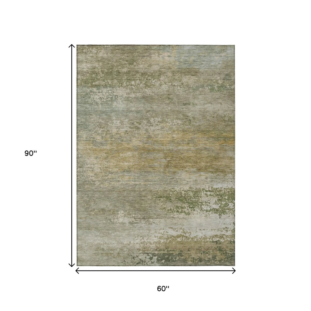 HMS 5' X 8' Abstract Indoor Outdoor Area Rug Beige and Fern Green Washable Carpet