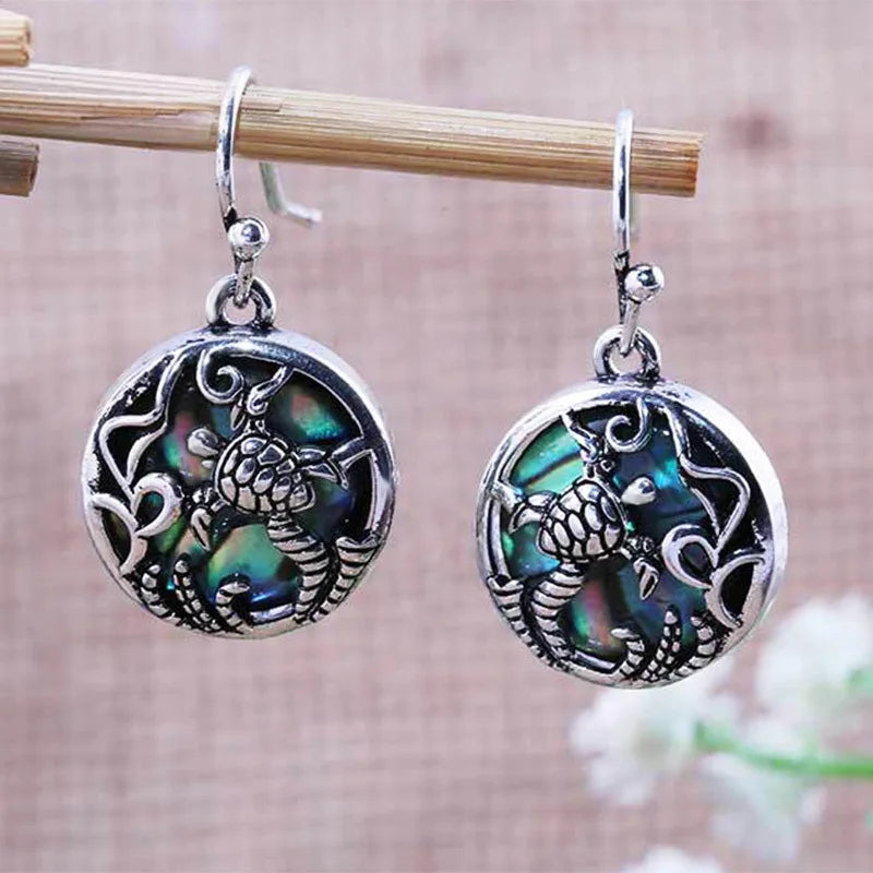 Vintage Turtle Shell Earrings Tibetan Silver Bezel Setting Women's Fashion Drop Earrings Animal Pattern Jewelry