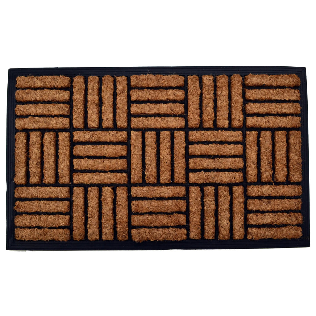 HMS Modern 18\" X 30\" Beige and Black Rubber and Coir Outdoor Door Mat Handmade Loomed Techniques for Home Use