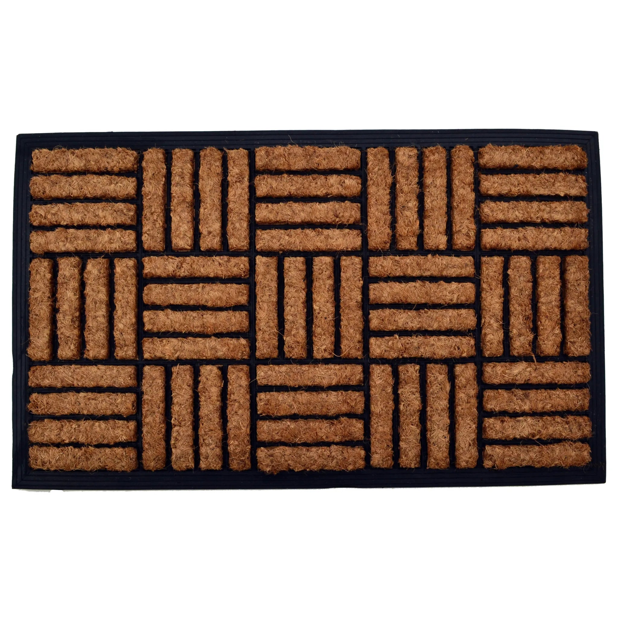 HMS Modern 18\" X 30\" Beige and Black Rubber and Coir Outdoor Door Mat Handmade Loomed Techniques for Home Use