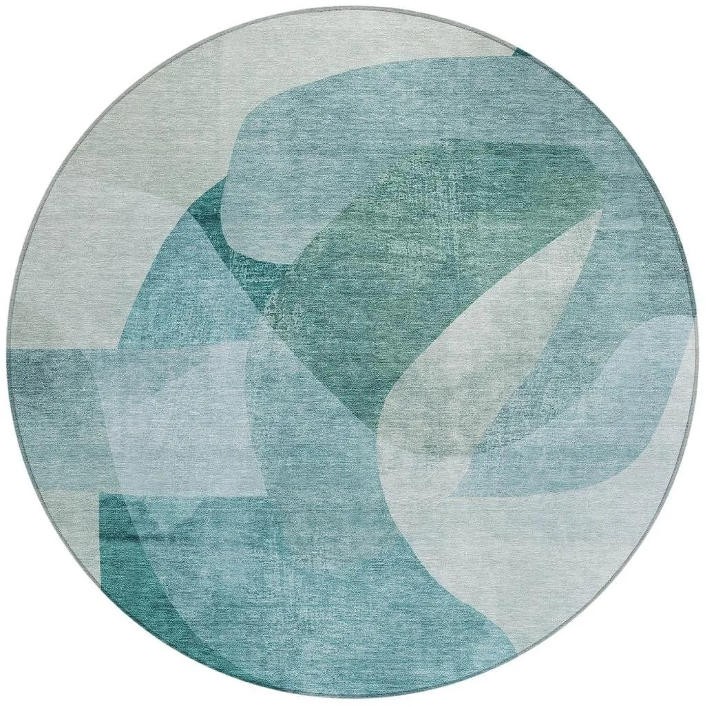 HMS 8' Teal Blue and Ivory Round Abstract Indoor/Outdoor Area Rug Washable Outdoor Carpets