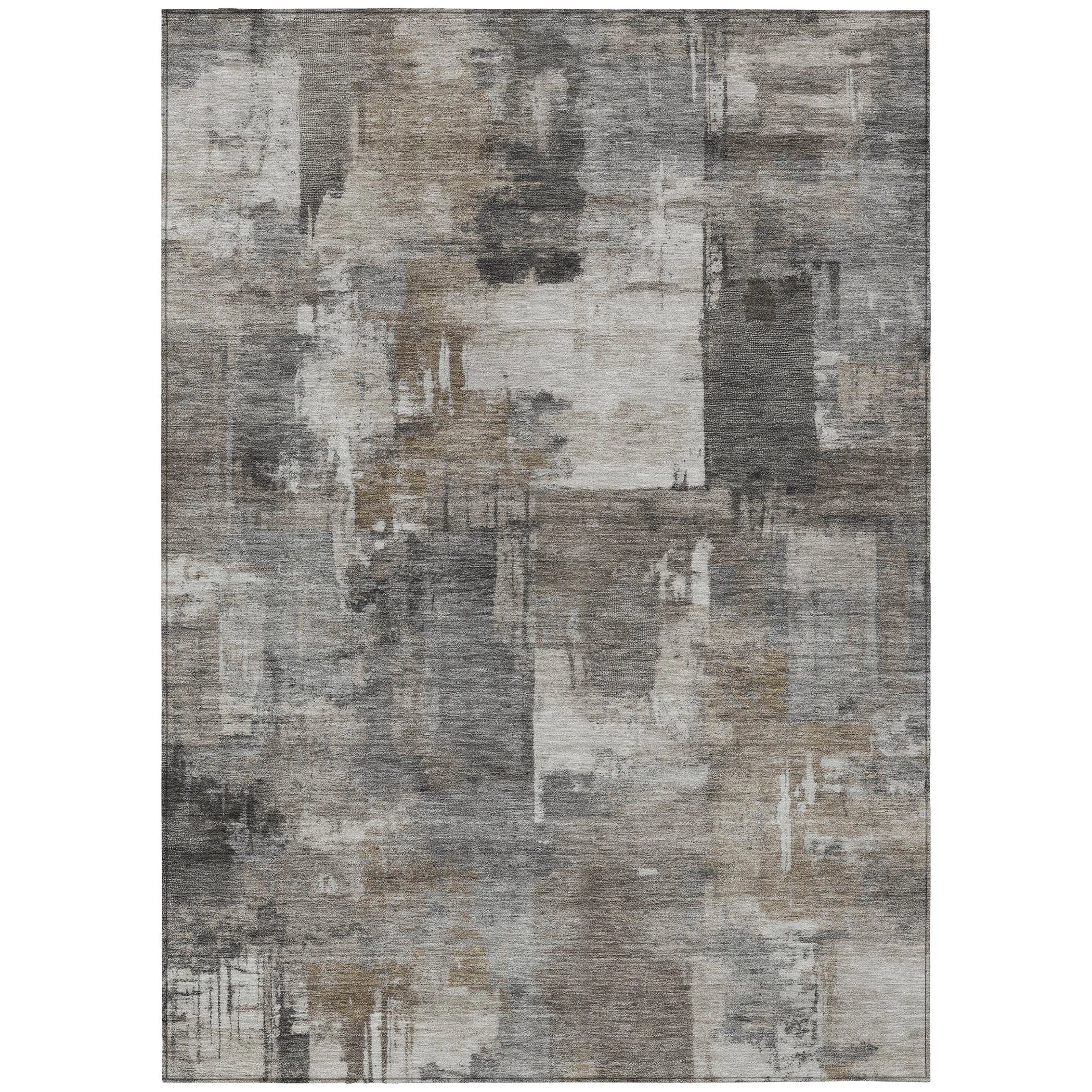 HMS 5' X 8' Abstract Washable Indoor Outdoor Area Rug in Pewter Khaki and Charcoal