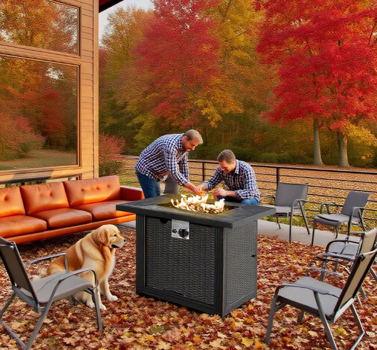Outdoor Propane Gas Fire Pit Table, Auto-Ignition Square Wicker-effect Gas Firepit with Ceramic Tabletop