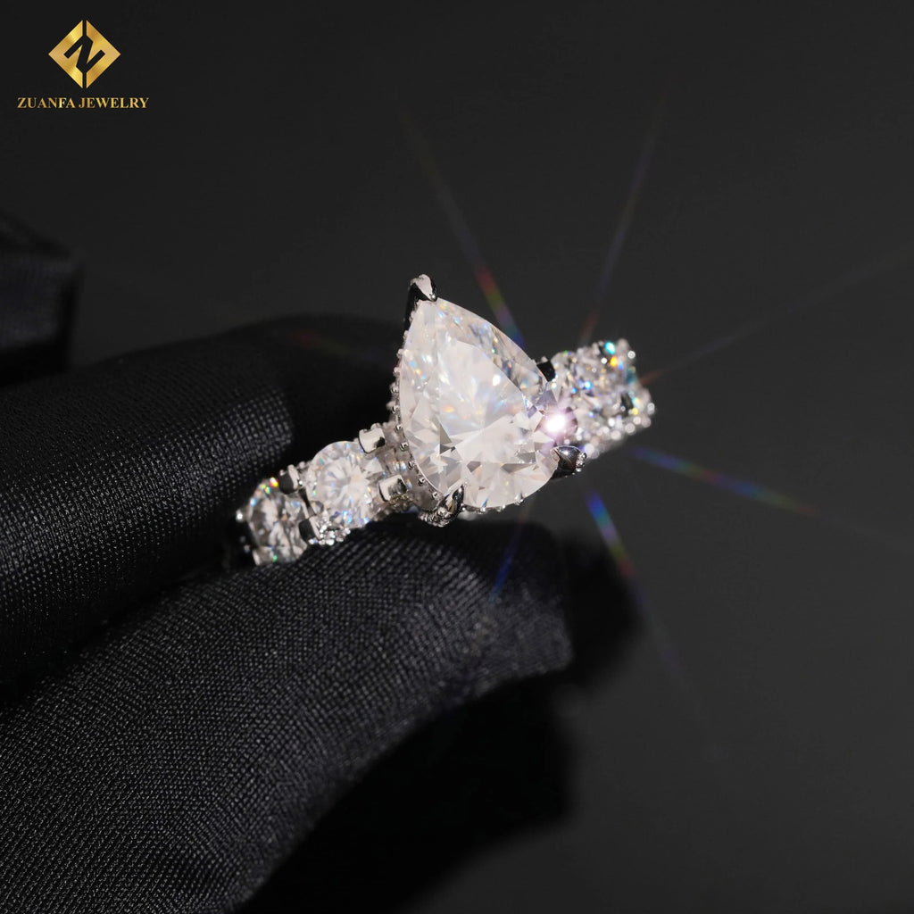 US Local Stock Warehouse Moissanite Jewelry Rings Unisex Men Women Iced Out Pear Shaped Cut Moissanite 925 Sterling Silver