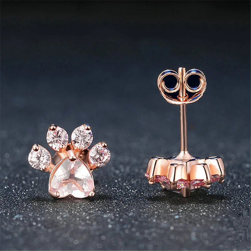 Rose Gold Plated Cat Paw Stud Earrings With Pink Crystal Heart Cut For Women Cute Animal Jewelry Gift Fashion Earrings