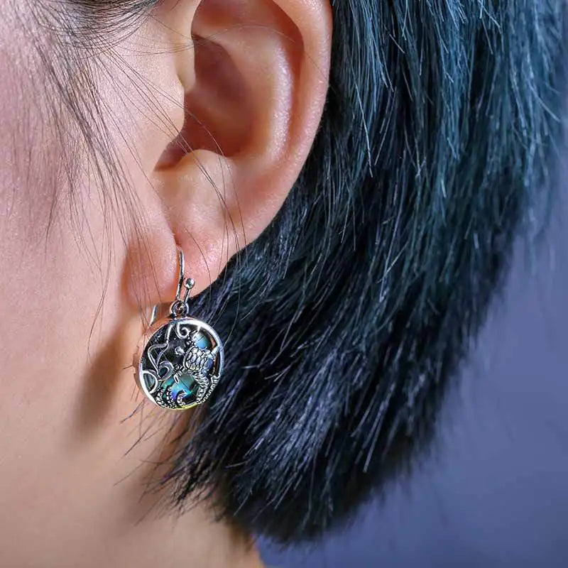 Vintage Turtle Shell Earrings Tibetan Silver Bezel Setting Women's Fashion Drop Earrings Animal Pattern Jewelry