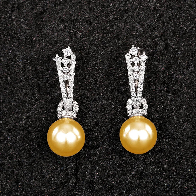 Classic Akoya Pearl Ball Shape Earrings 925 Silver Rhodium Plated Round White AAA Pave Setting Studs for Wedding Women's Jewelry