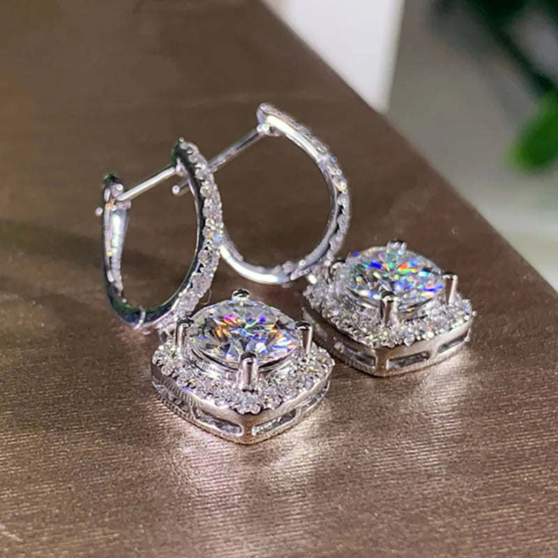 E1810 Rose Gold Hoop Earrings With Diamond Square Pendant Claw Setting Luxury Women's Wedding Fine Jewelry