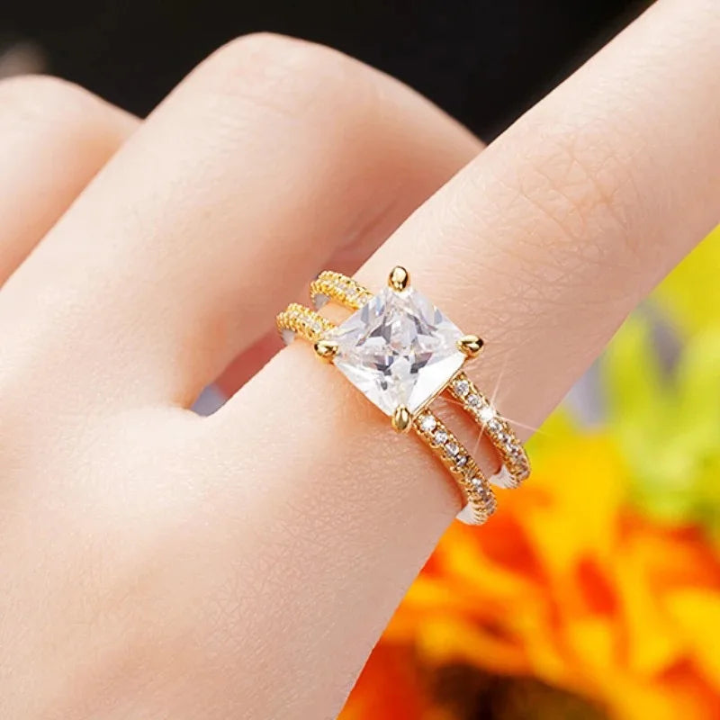 Q373 Women's 22k Gold Plated Princess Cut Lab Grown Diamond Ring with Side Stones Engagement Jewelry
