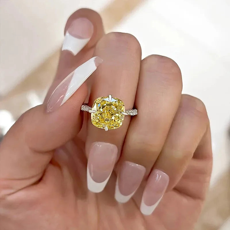 A164 White Gold Diamond Ring Cushion Cut Fancy Yellow Natural Diamond Engagement Women's Jewelry