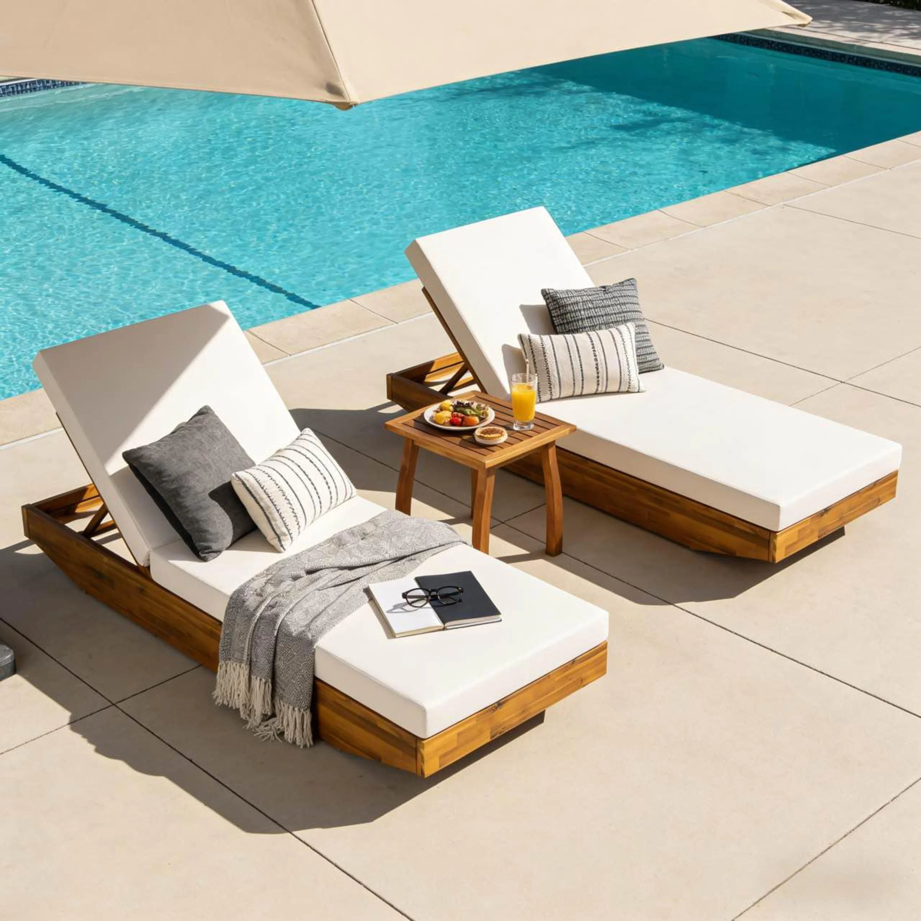 Acacia Wood Modern Luxury Chaise Lounge Cushion Teak Finish Eco-Friendly Outdoor Recliner Cream Water-Repellent Pool Lounge