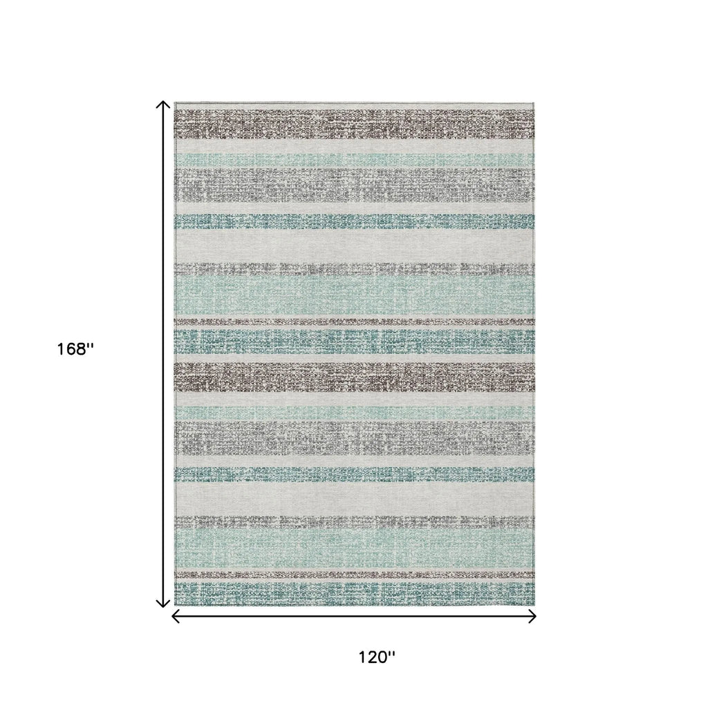 HMS 10' X 14' Teal Blue and Gray Striped Washable Indoor Outdoor Area Rug for Indoor Outdoor Use Perfect Carpet for Your Space