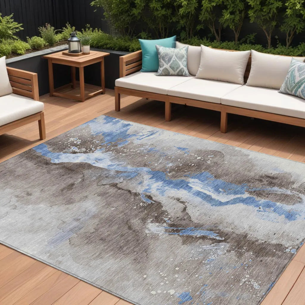 HMS 3' X 5' Abstract Indigo Indoor/Outdoor Area Rug Washable with Graphite and Gold Accents