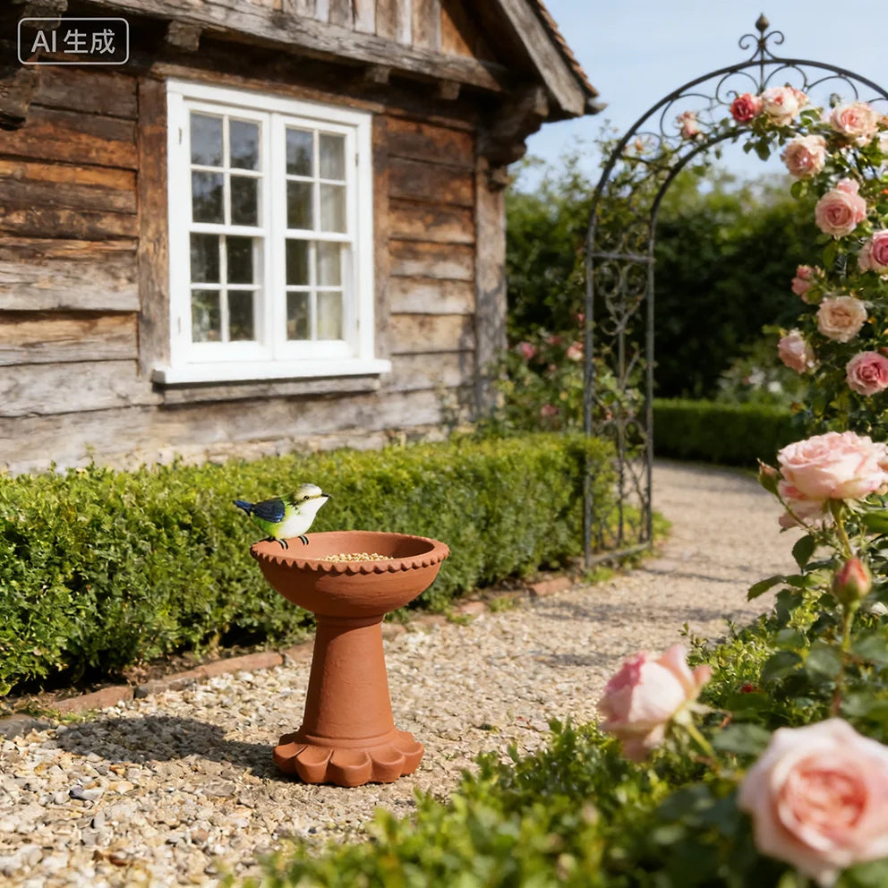 Terracotta-Effect Resin Bird Bath with Mini Bird Accent - Ruffled Edge Design, Charming Farmhouse-Style Outdoor Feeder