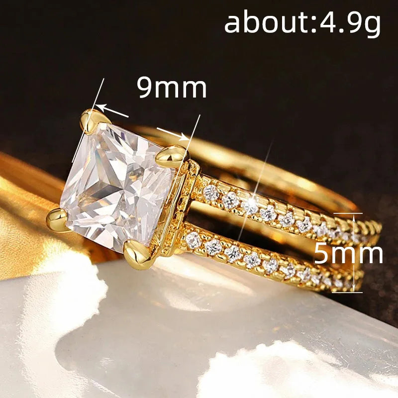 Q373 Women's 22k Gold Plated Princess Cut Lab Grown Diamond Ring with Side Stones Engagement Jewelry