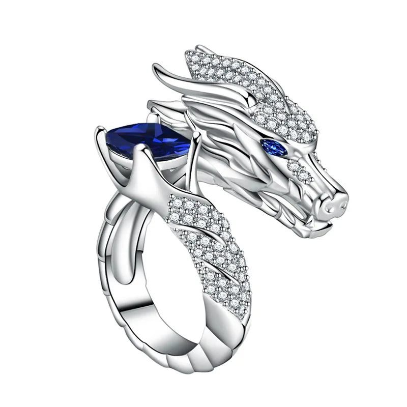 T0837 Dragon Head Cocktail Ring 925 Silver Pave Setting Crystal Rhinestone Unisex Fine Jewelry Gift