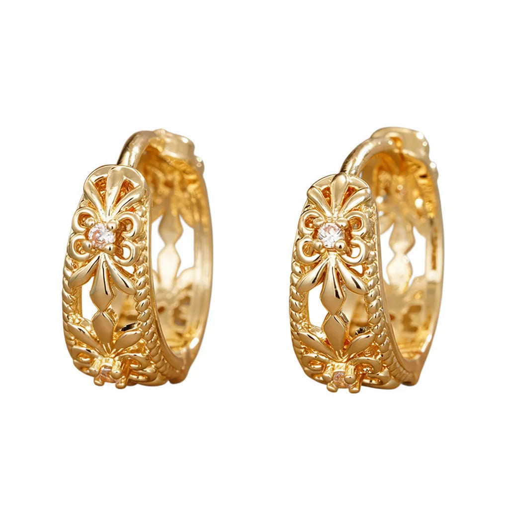 E4485 White Gold Hoop Earrings With Round Diamond Flower Design Claw Setting Women's Classic Fine Jewelry