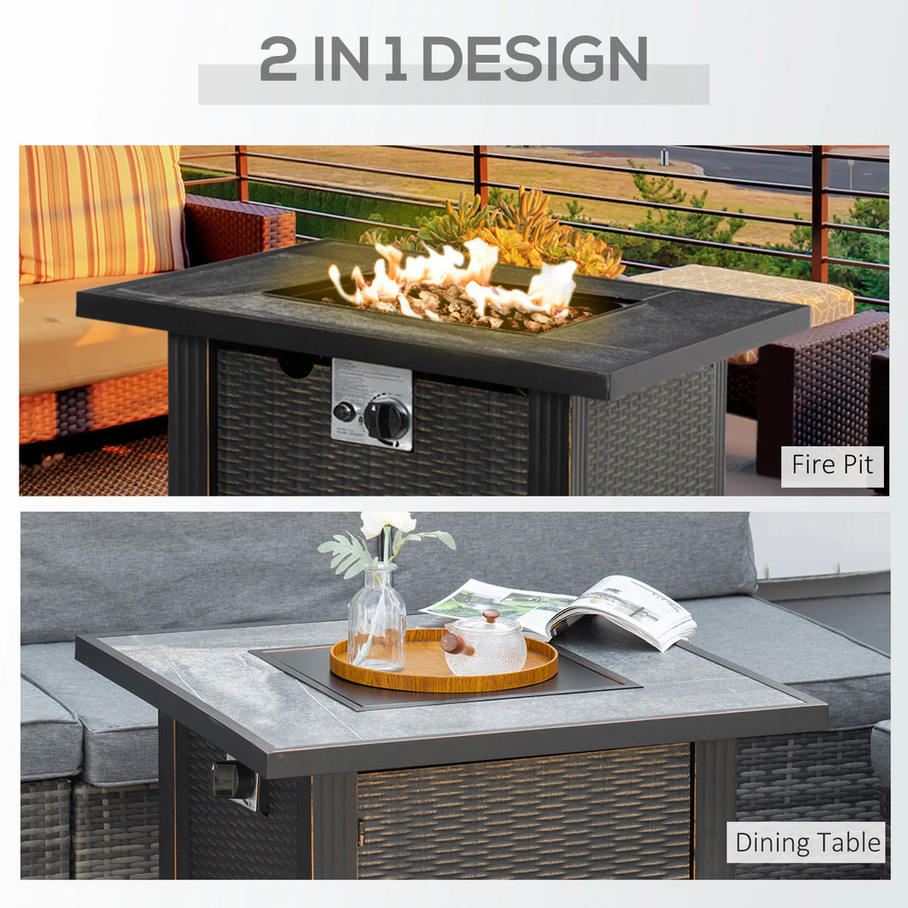 Outdoor Propane Gas Fire Pit Table, Auto-Ignition Square Wicker-effect Gas Firepit with Ceramic Tabletop