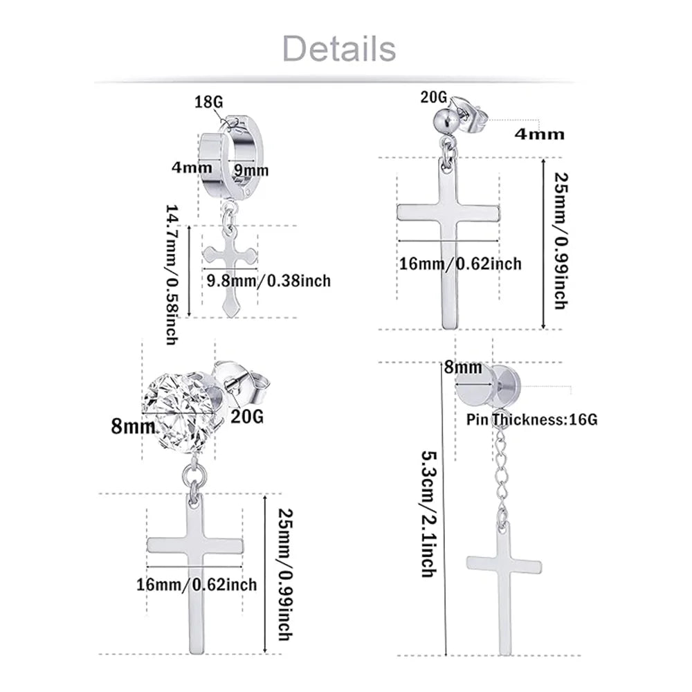 4 Pairs Silver Stainless Steel Zirconia Cross Piercing Ear Studs Men Trendy Punk Hip Hop Casual Jewelry Accessories