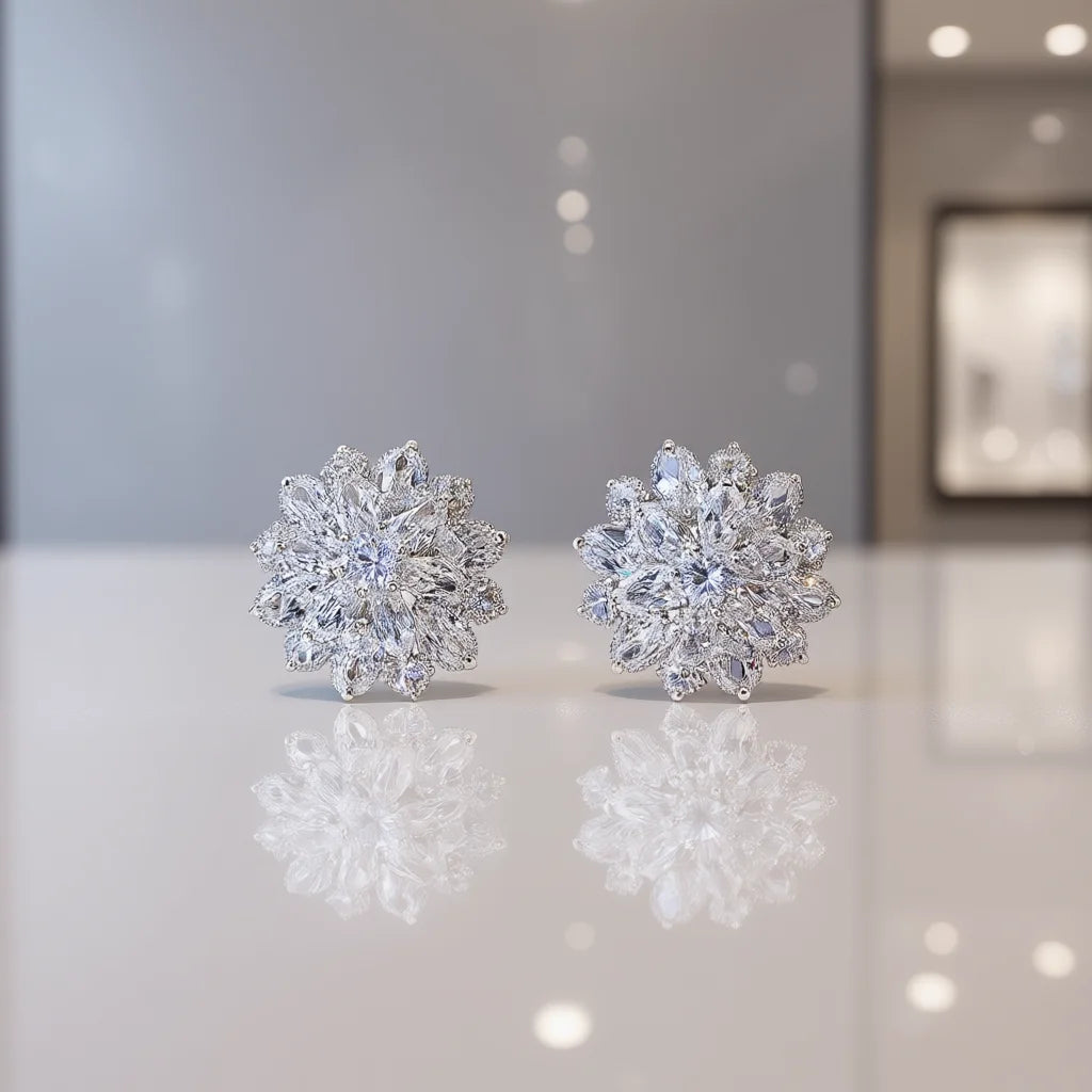 Luxury Snowflake Stud Earrings Crystal Rhinestone Claw Setting For Women Wedding Jewelry Pink Color