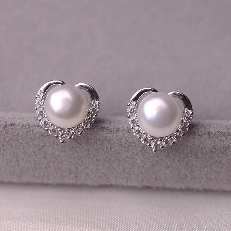 Elegant Heart Shape Akoya Pearl Stud Earrings 925 Silver AAA Cultured White Pearl Wedding Jewelry For Women Classic Style