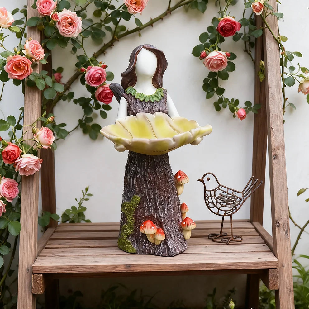 Enchanted Fairy Bird Feeder Resin Sculpture, Whimsical Garden Decor for Outdoor Patio, Magical Feeding Station for Wild Birds